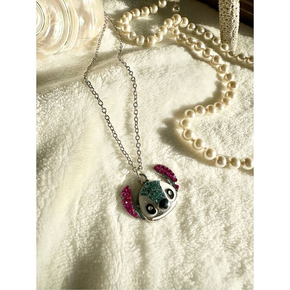 Disney’s Lilo & stitch - blue and pink rhinestone stitch pendant necklace ￼
